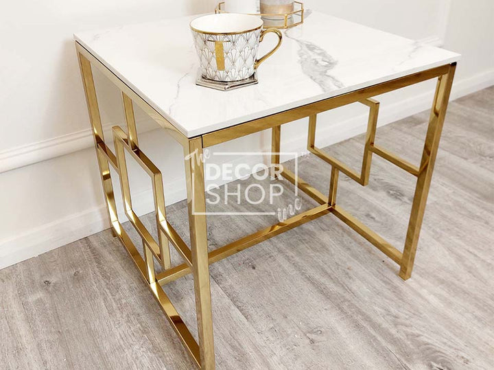 Gold Lamp Table with Polar White Sintered Stone Top - Geo