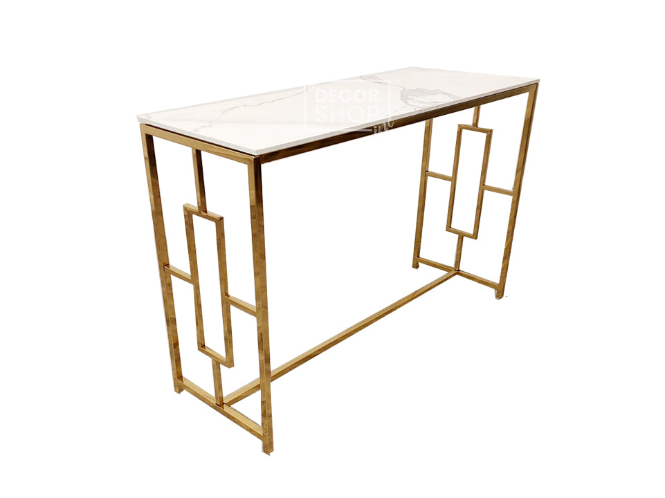 Gold Console Table with Polar White Sintered Stone Top - Geo