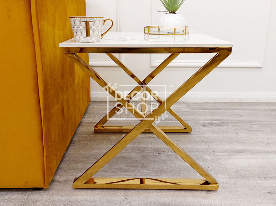 Gold Lamp Table with Chrome Legs & Polar White Sintered Top - Zion
