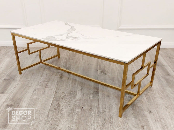 Gold Coffee Table With Polar White Sintered Stone Top - Geo