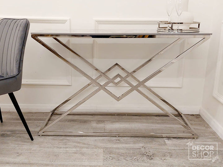 Vesta Chrome Console Table with Stomach Ash Sintered Stone Top