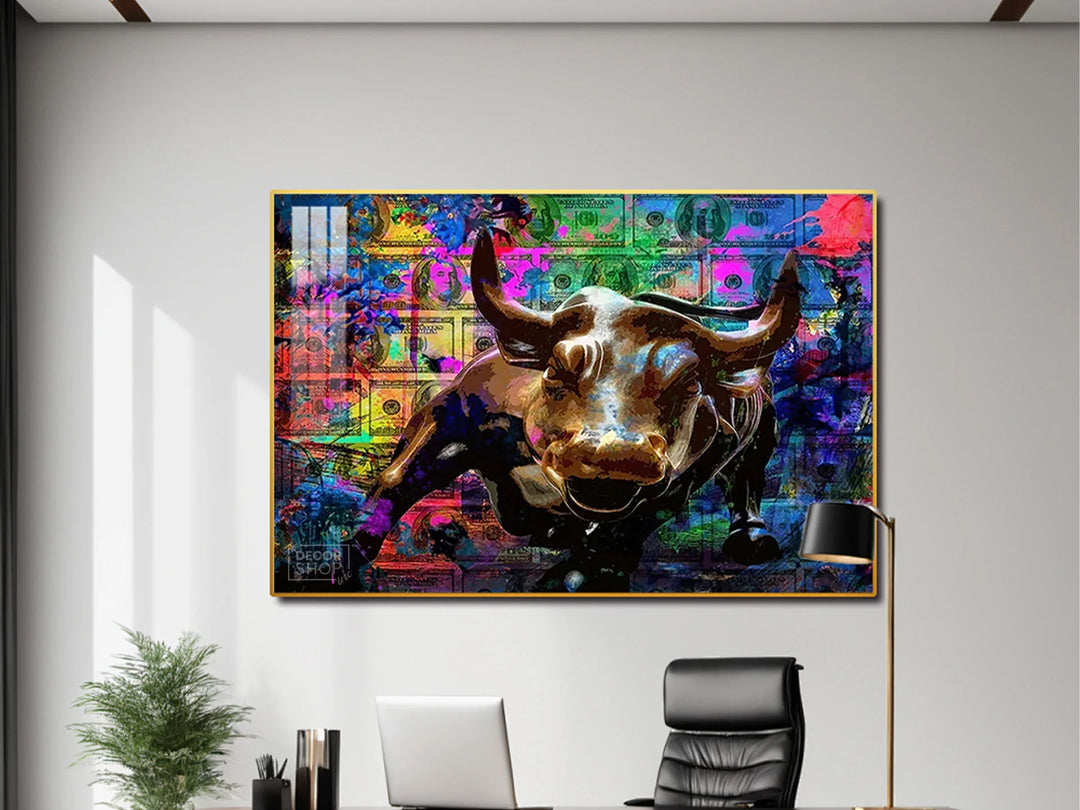 Majestic Bull Painting With Colorful Abstract Background