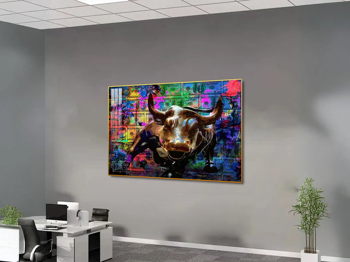 Majestic Bull Painting With Colorful Abstract Background